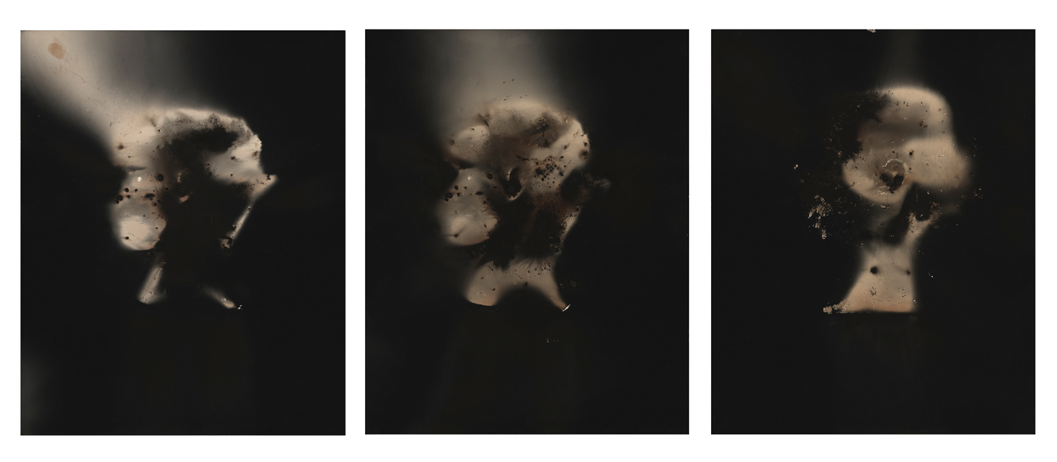 Christopher Colville, Untitled, Head Triptych, 2014. Gunpowder Generated Gelatin Silver Prints, 20 x 50 inches. Courtesy of the artist